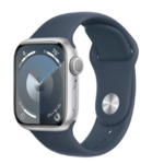 Apple Watch Series 9 GPS 45mm Silver Aluminum Case with Storm Blue Sport Band - M/L (MR9E3)